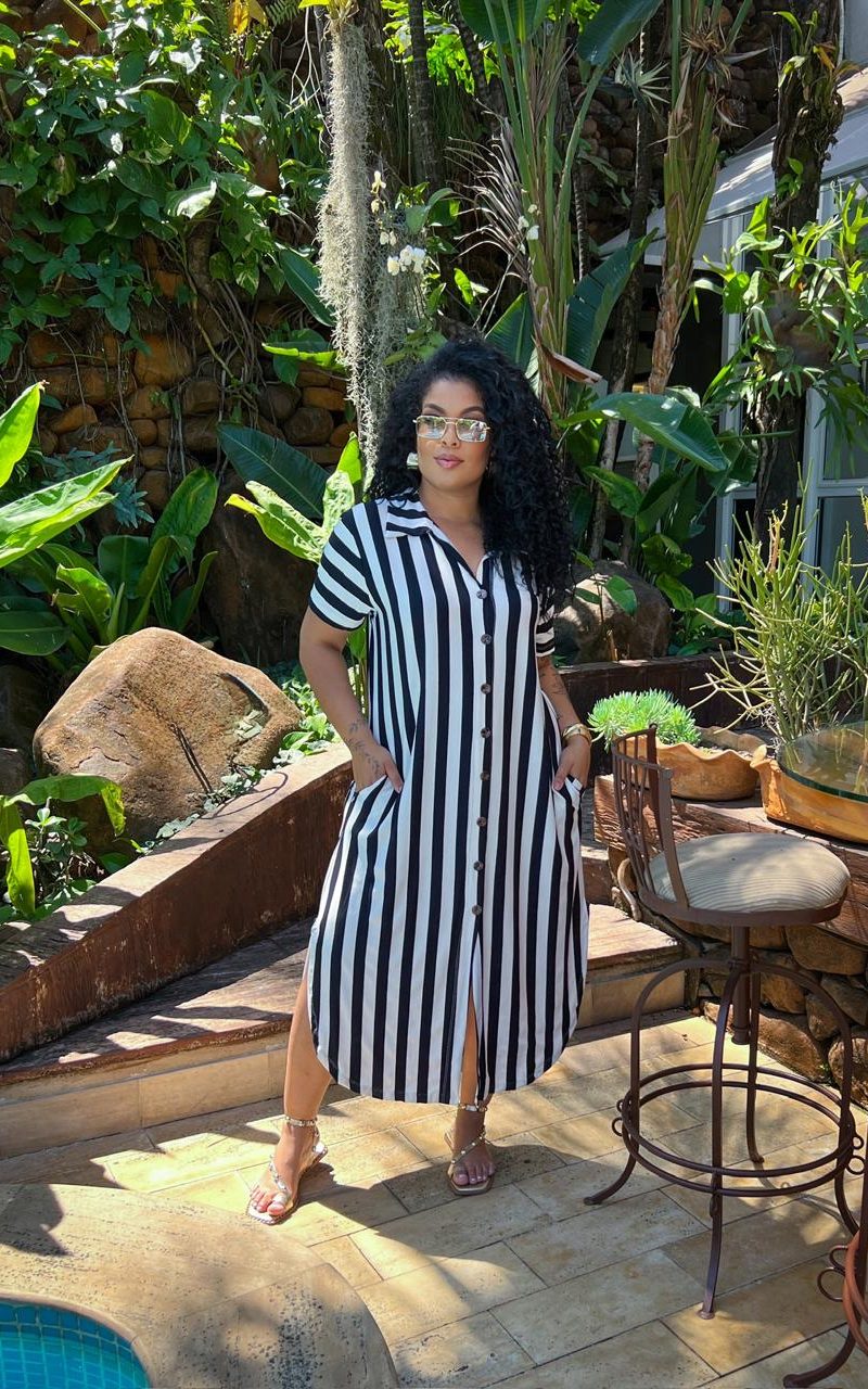 vestido chamise listrado marrom