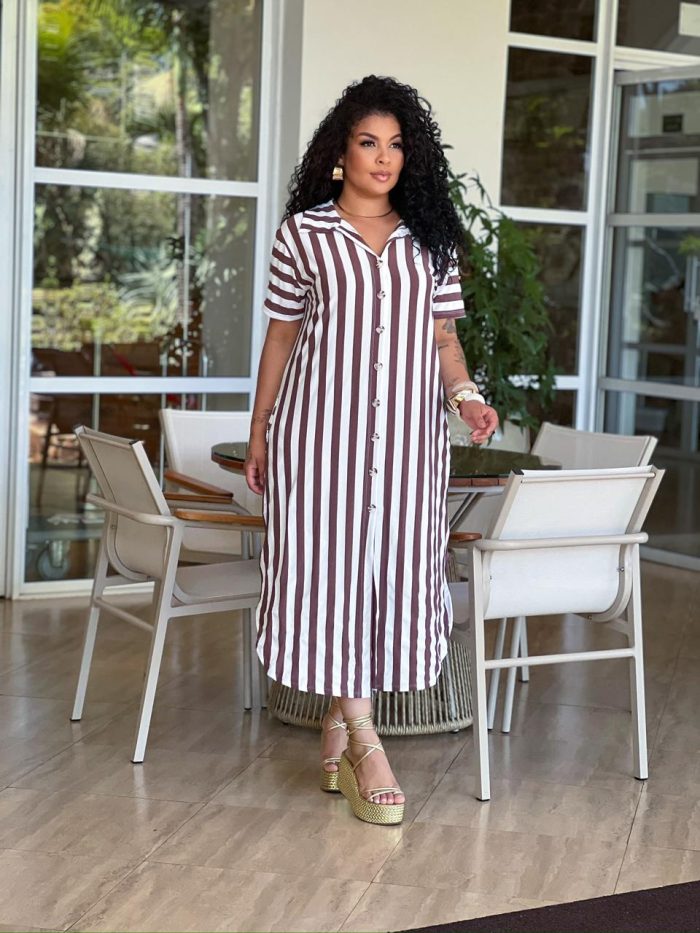 vestido chamise listrado marrom