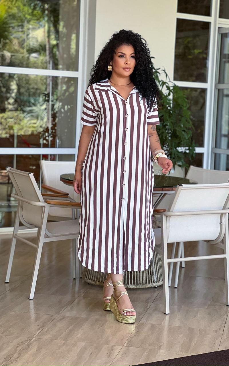 vestido chamise listrado marrom