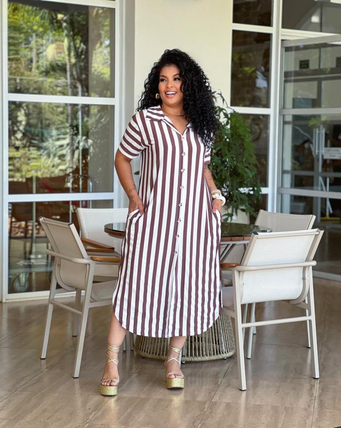 vestido chamise listrado marrom vestido chamise listrado marrom