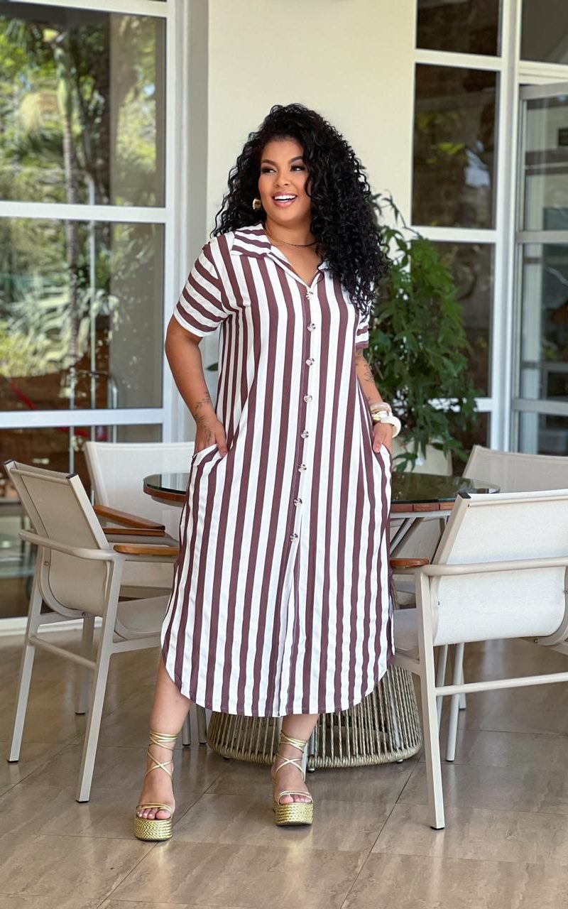 vestido chamise listrado marrom vestido chamise listrado marrom