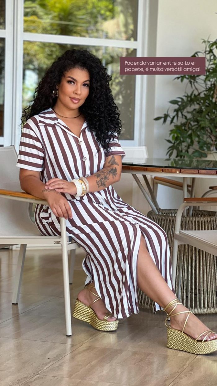 vestido chamise listrado marrom vestido chamise listrado marrom