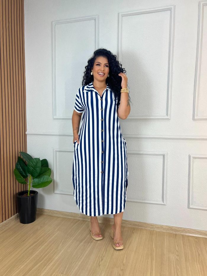 vestido chamise listrado azul