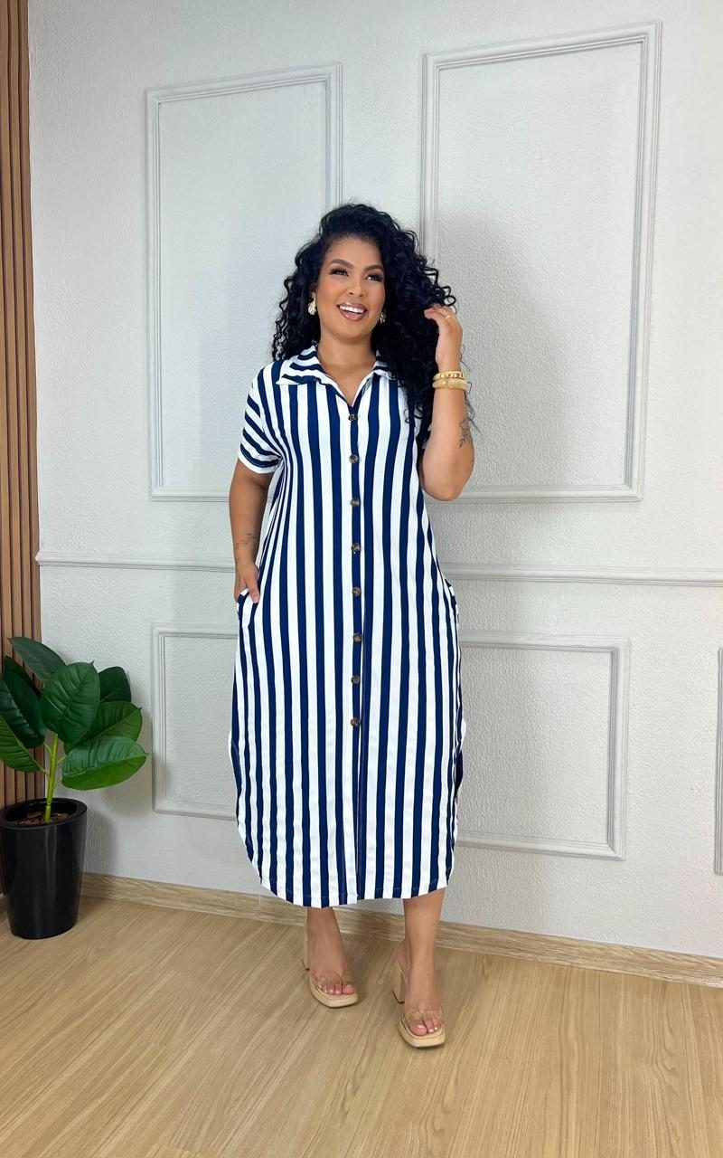 vestido chamise listrado azul