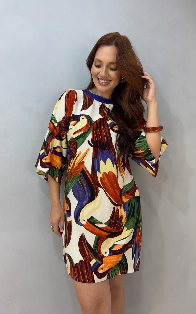 vestido viscolinho estampado colorido