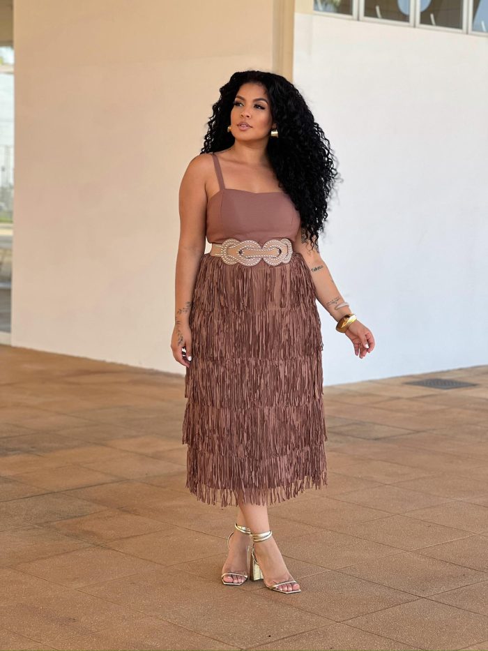 saia de franja marrom saia de franja marrom