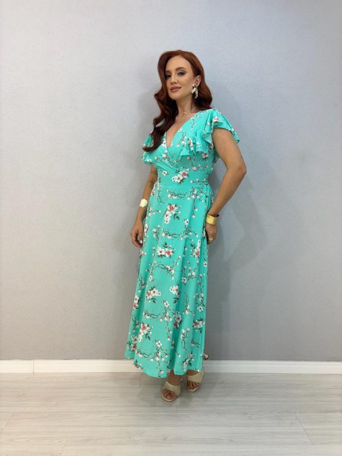 vestido florido com babado verde 1000l4 vestido florido com babado verde 1000l4