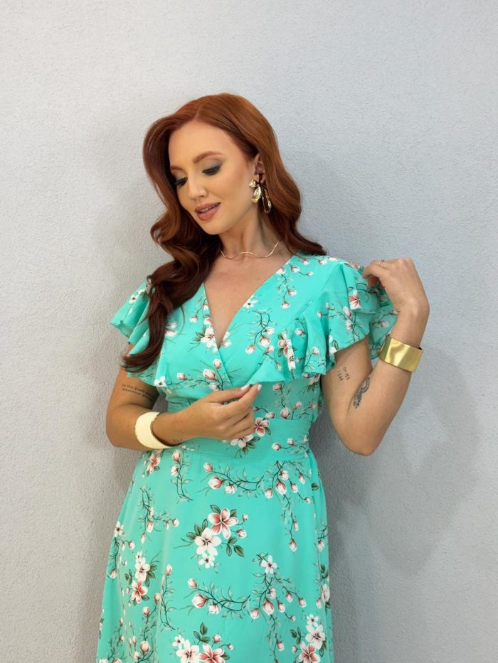 vestido florido com babado verde 1000l4 vestido florido com babado verde 1000l4