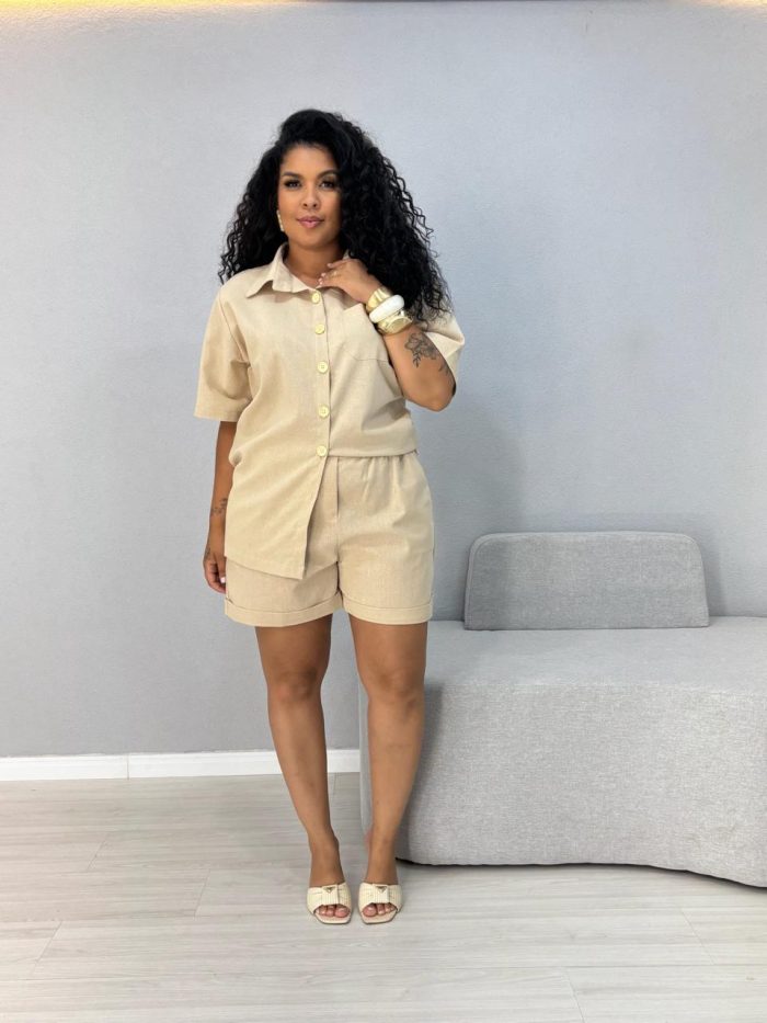 conjunto camisa e shorts linho nude 1000n2 conjunto camisa e shorts linho nude 1000n2