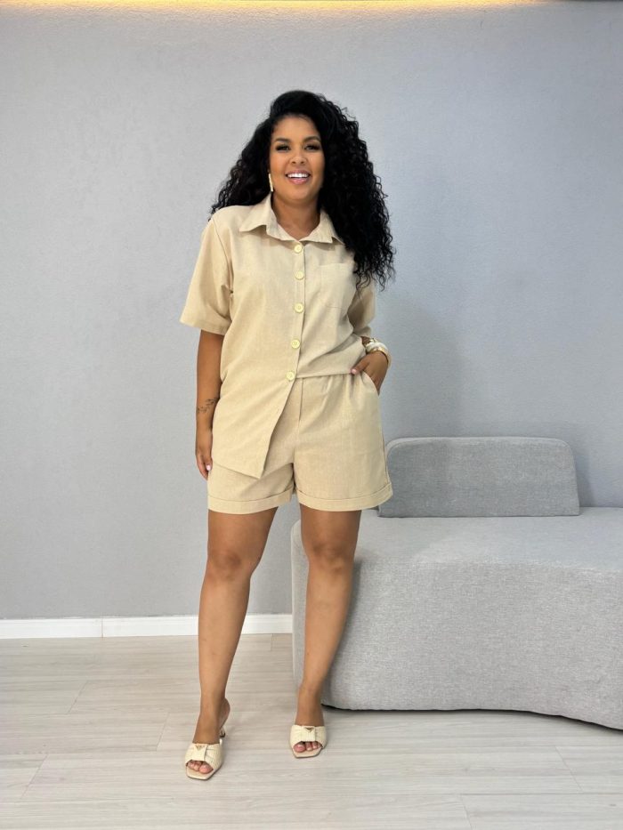 conjunto camisa e shorts linho nude 1000n2 conjunto camisa e shorts linho nude 1000n2